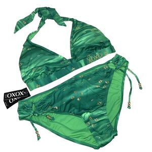 XOXO Swimwear Bikini Set XL Emerald Green with Gold Accents Hawaiian Tropical